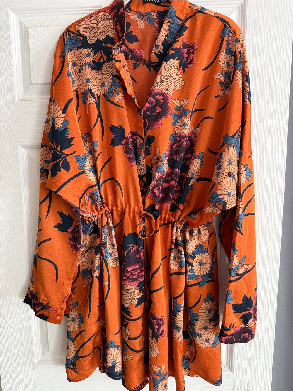 Boohoo Orange FALL Floral Drawstring Waist Tunic SILKY SLIMMING / kimono sku 66
